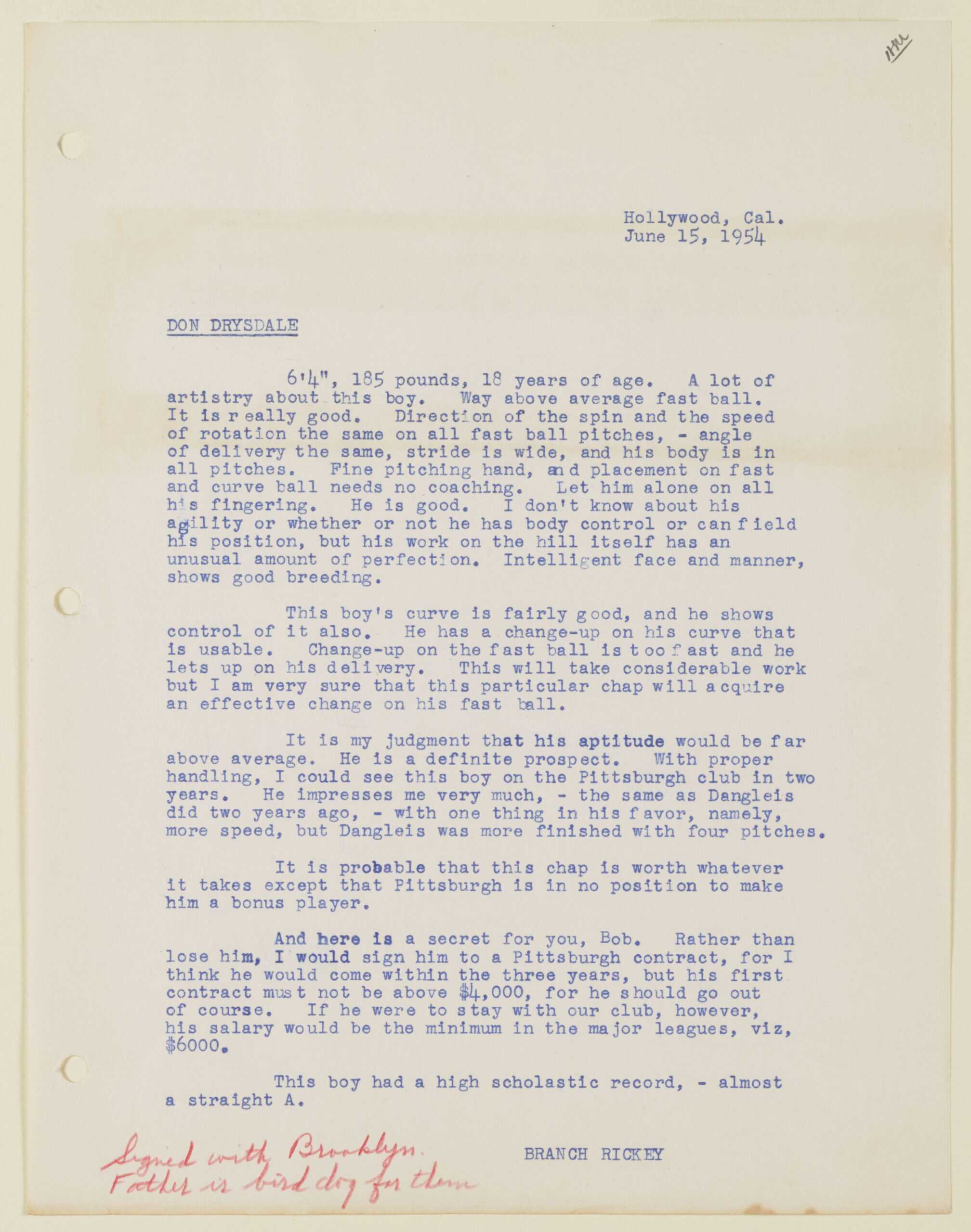 Branch Rickey Saw a Future Ace in an 18-Year-Old Kid Named Drysdale 2 Branch Rickey scouting report on Don Drysdale
