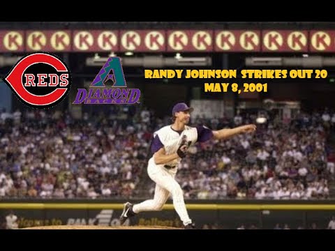 Randy Johnson delivering a pitch during his iconic 20 strikeout game in 1997.