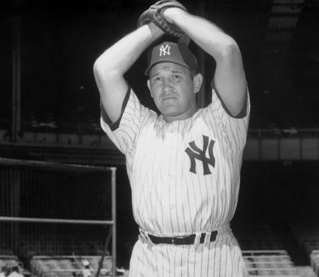Iconic image of Allie Reynolds, showcasing his dominance as a Yankees pitcher.
