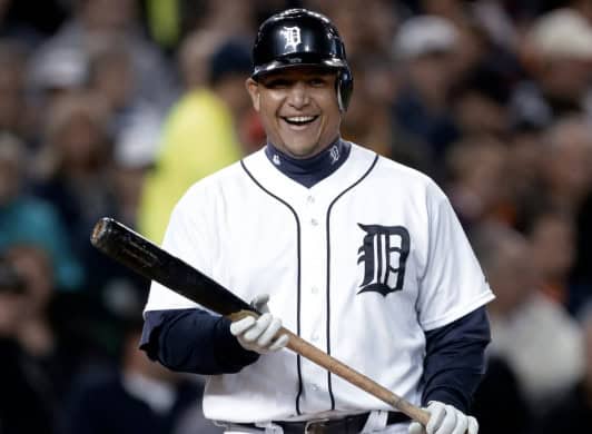 Miguel Cabrera in action, showcasing his exceptional hitting skills as ranked in "Ranking the Most Dominant MLB Hitters of...