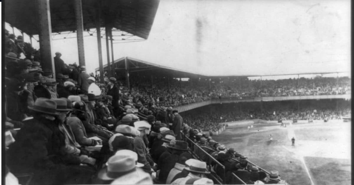 Rain Delay Masterpieces 10 Old black and white photo showing bleachers and muddy field for 1925 world series.