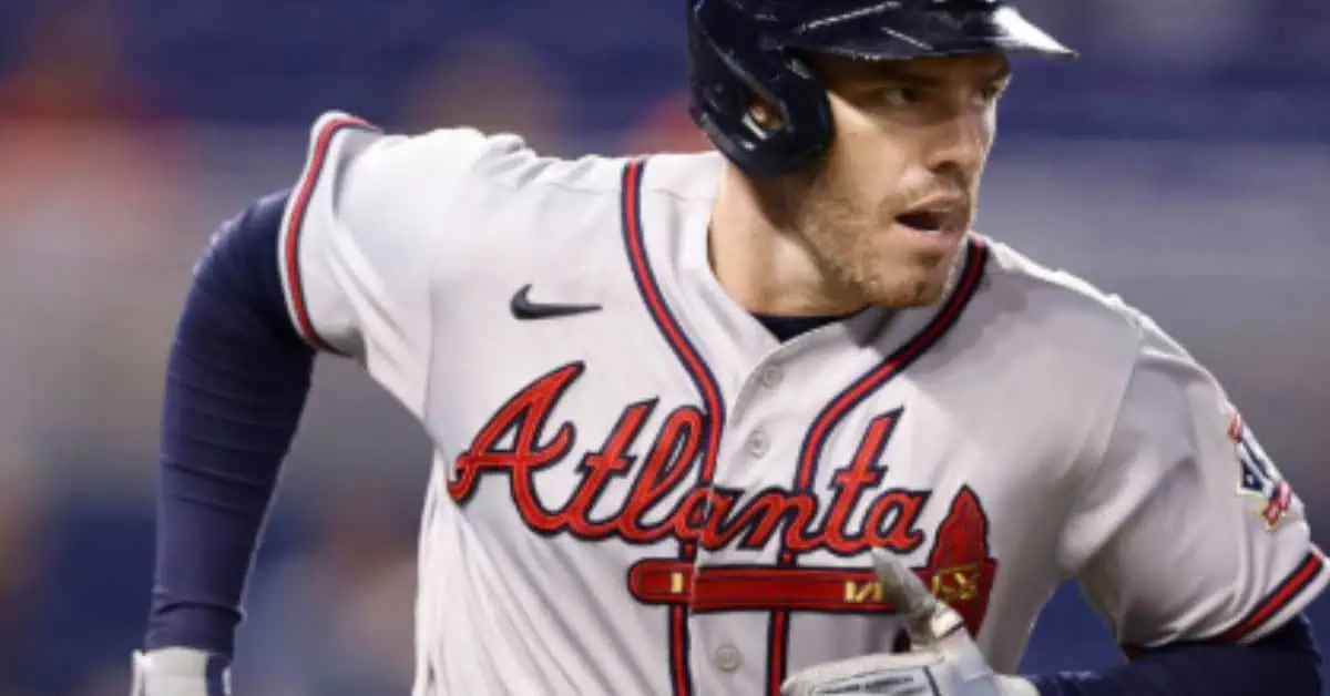 Freddie Freeman at bat, showcasing his talent as a top hitter for the Braves.