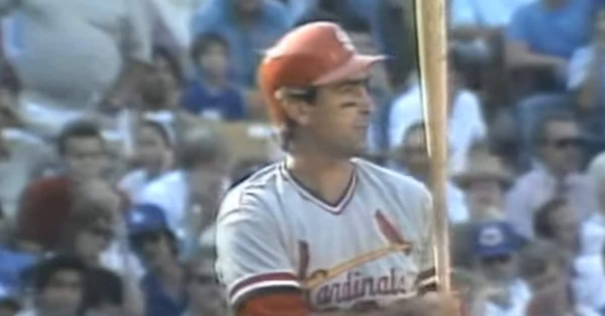 Jack Clark in action, showcasing his powerful swing during the 1985 World Series.