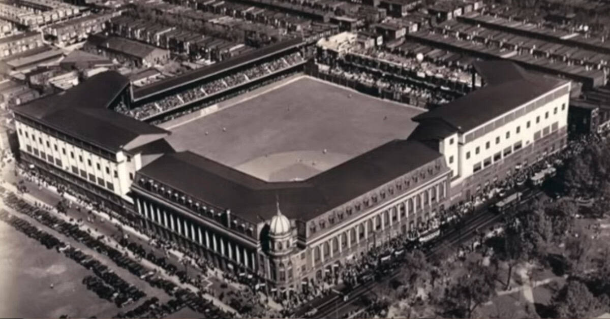 Historic view of Shibe Park, home of the Philadelphia Athletics, capturing its beloved rooftop bleachers.