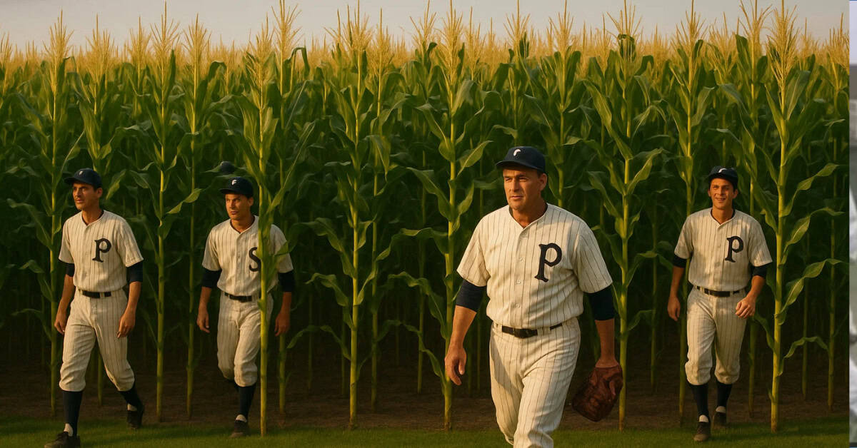 Cornfield with men walking out of it wearing old time baseball jersey's