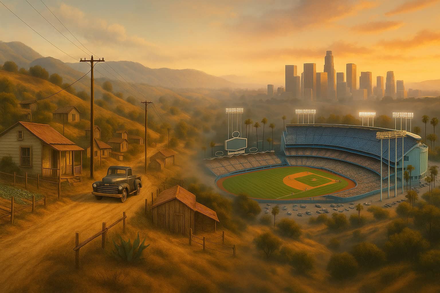 Aerial view of Chavez Ravine, illustrating the community displaced by Dodger Stadium.