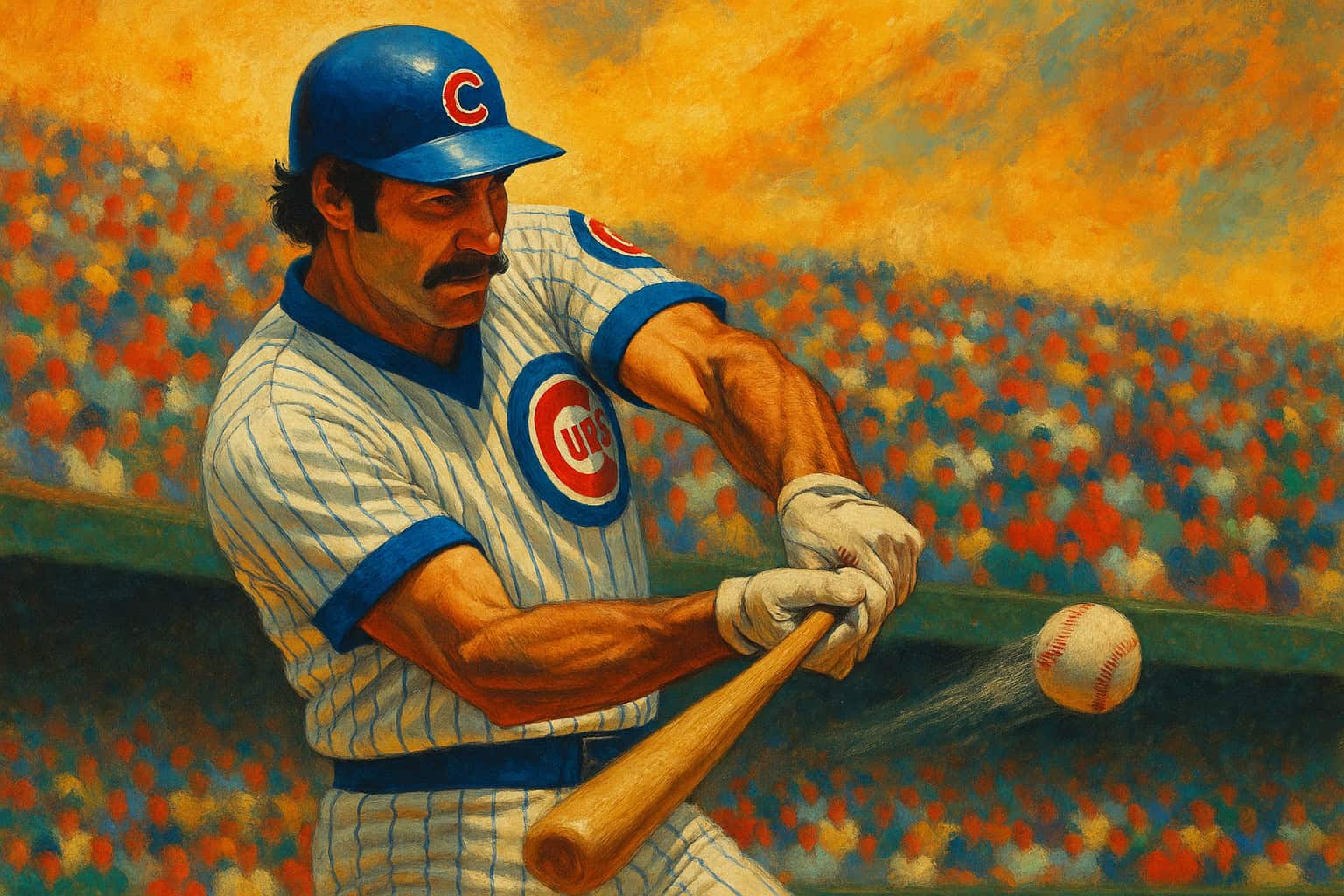Image of Dave Kingman hitting a home run, showcasing his power as a Cubs player.