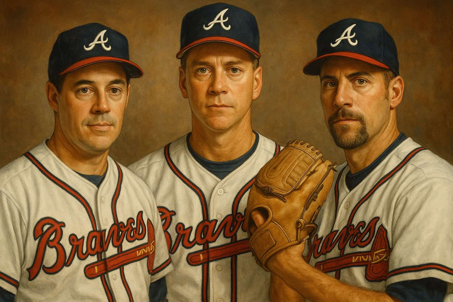 Iconic trio Greg Maddux, Tom Glavine, and John Smoltz, key to Braves' dominance.