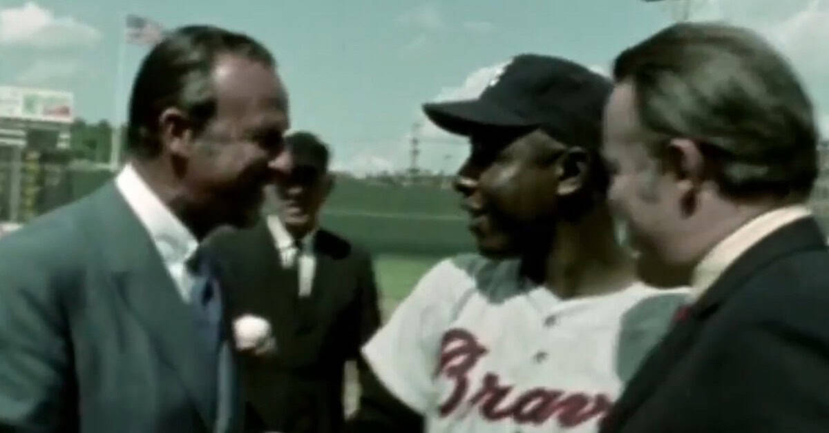 Hank Aaron celebrates his 3,000th hit with a double off Wayne Granger.