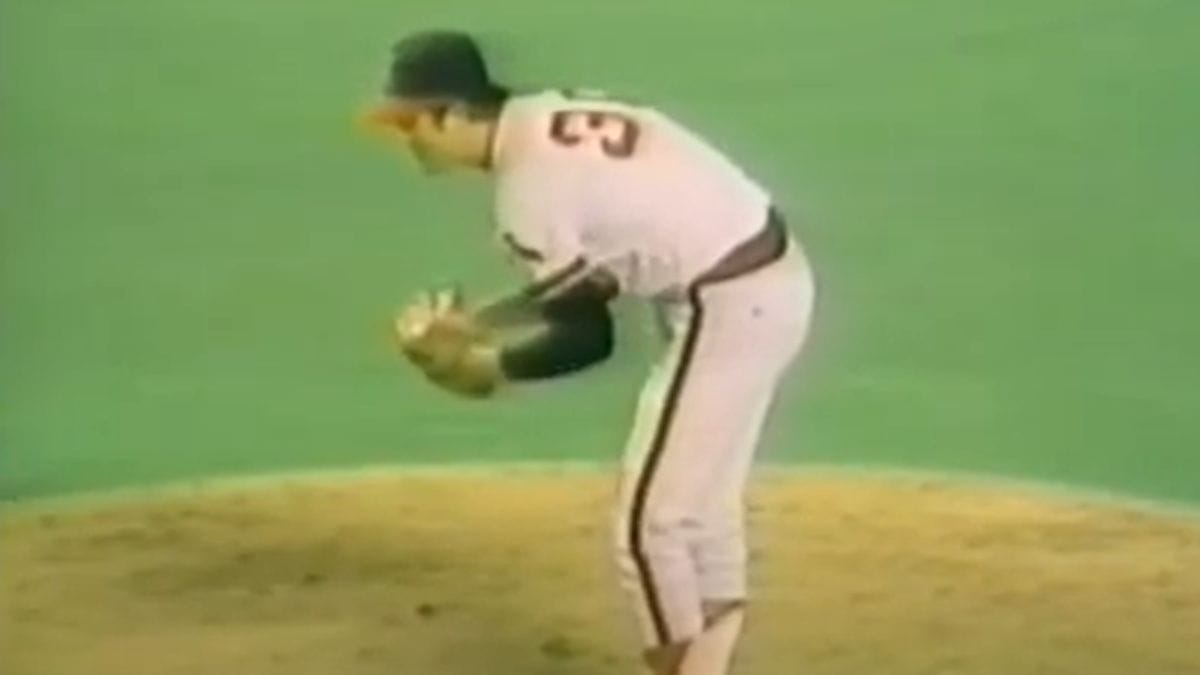 Nolan Ryan pitches during his first no-hitter against the Baltimore Orioles in 1975.