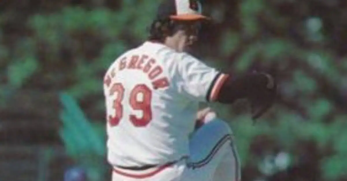 Scott McGregor in action, showcasing his skills as a crafty left-handed pitcher.