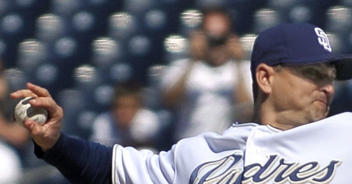 Trevor Hoffman delivering his infamous circle change, baffling hitters.