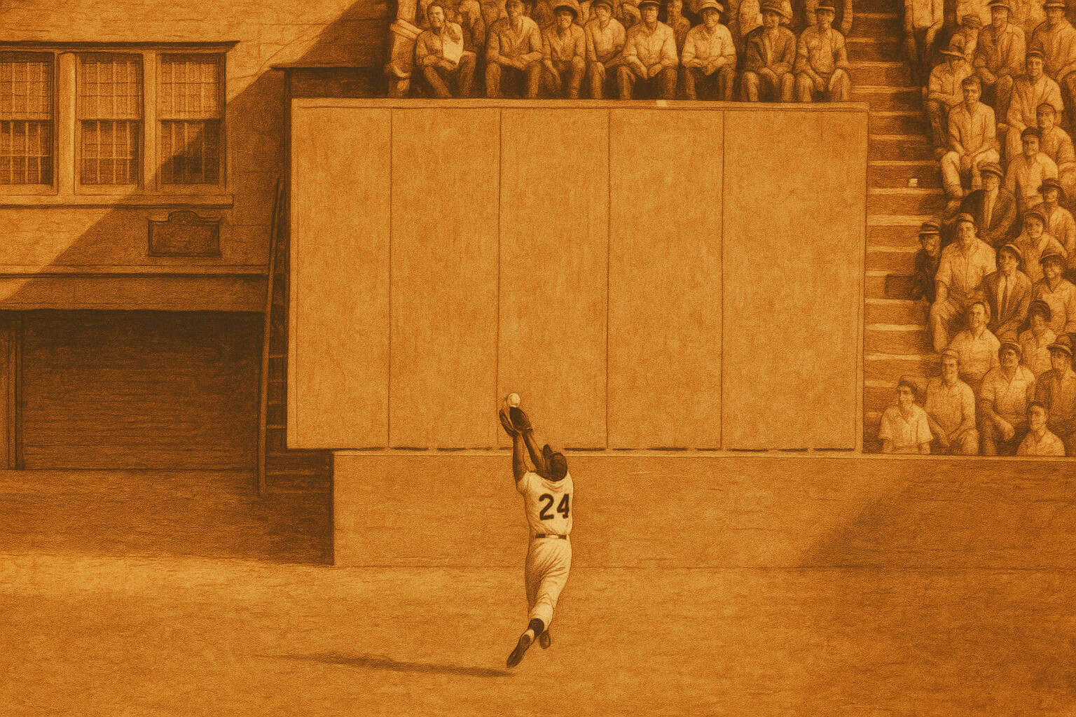 Willie Mays making his legendary over-the-shoulder catch during the 1954 World Series.