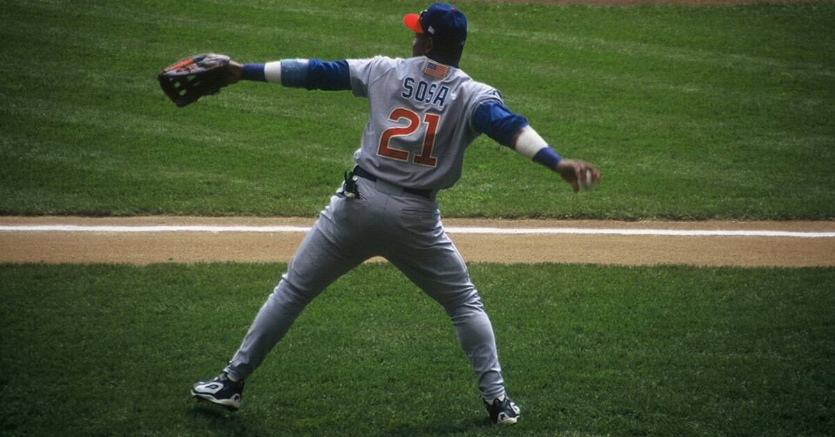 Sammy Sosa hitting a home run, representing Cubs' legacy and Hall of Fame debate.