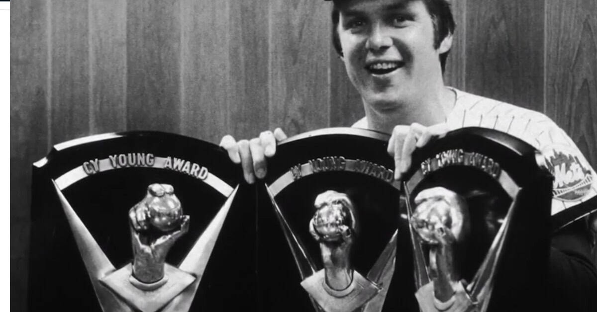 Tom Seaver proudly displays his three Cy Young Awards, highlighting his 'Tom Terrific' legacy.