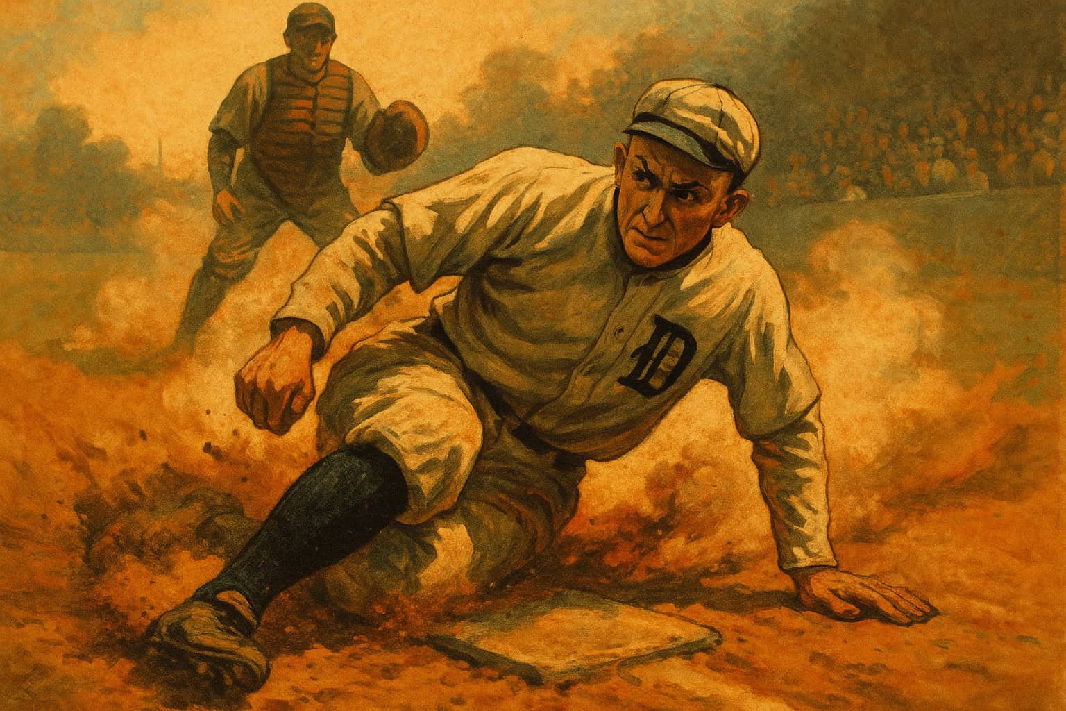 Historic image of Ty Cobb stealing home, exemplifying his .366 career average.