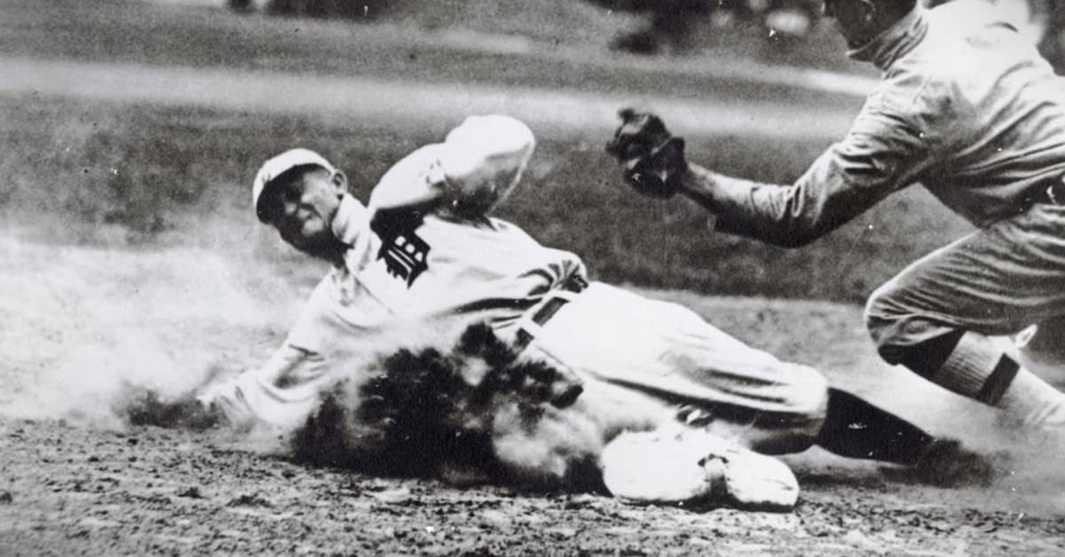 October Never Called: Icons Who Waited a Lifetime for a Ring 4 Ty Cobb executing a slide, illustrating the challenges MLB superstars would face in the Dead Ball Era.