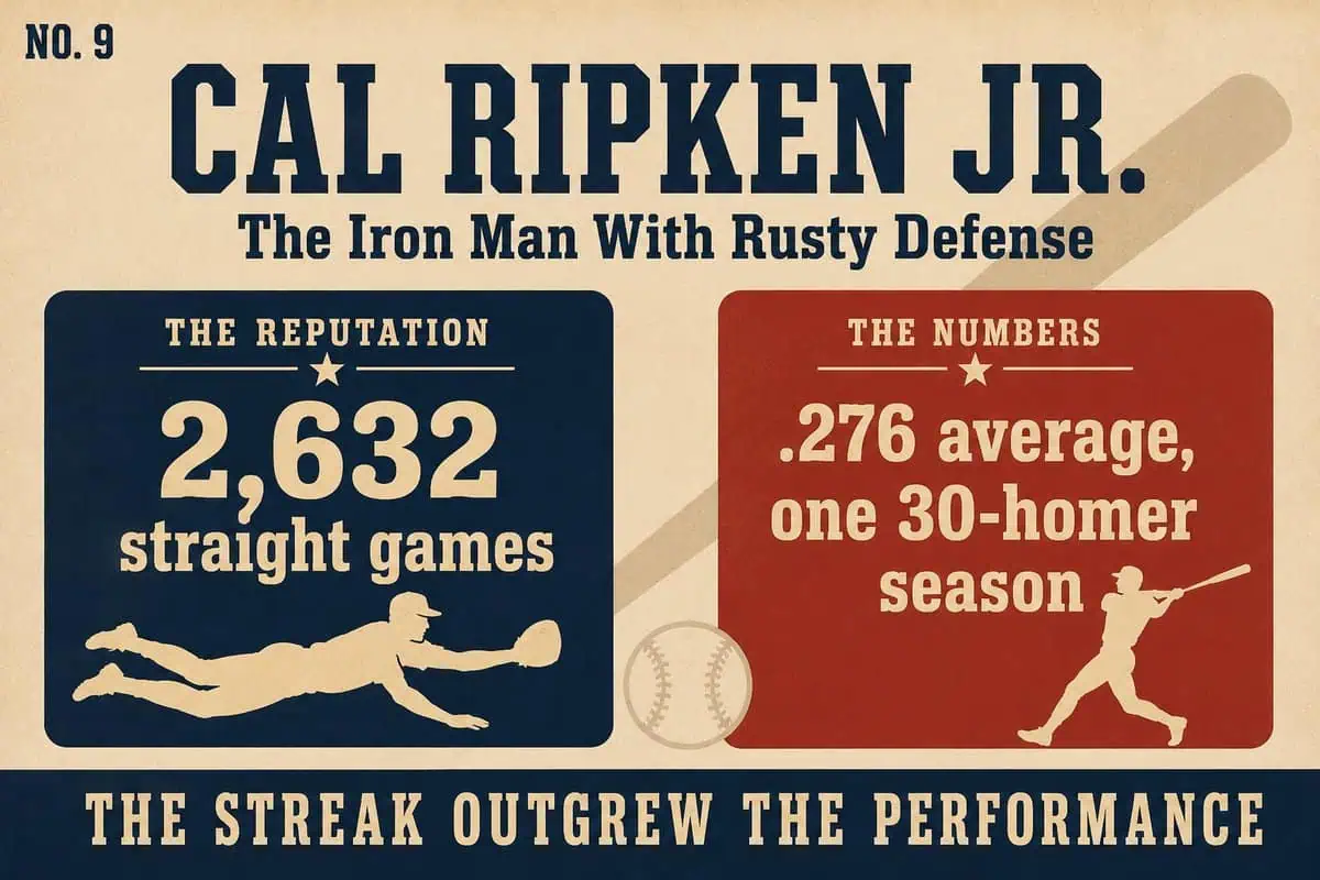 10 'Legends' Whose Reputations Wildly Outran Their Stats 5 Infographic contrasting Cal Ripken Jr.'s 2,632 straight games with his .276 average and single 30-homer season.