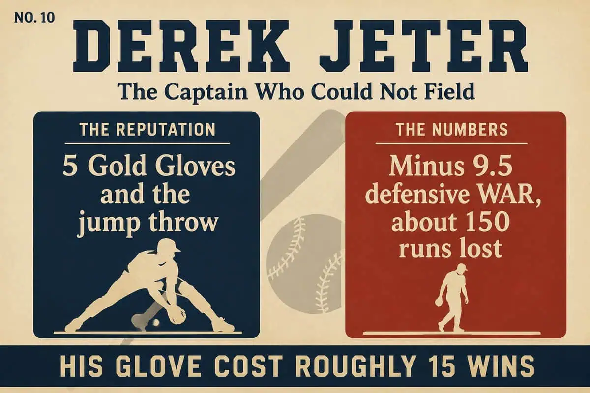 10 'Legends' Whose Reputations Wildly Outran Their Stats 3 Infographic contrasting Derek Jeter's five Gold Gloves with his minus-9.5 defensive WAR, roughly 150 runs lost in the field.