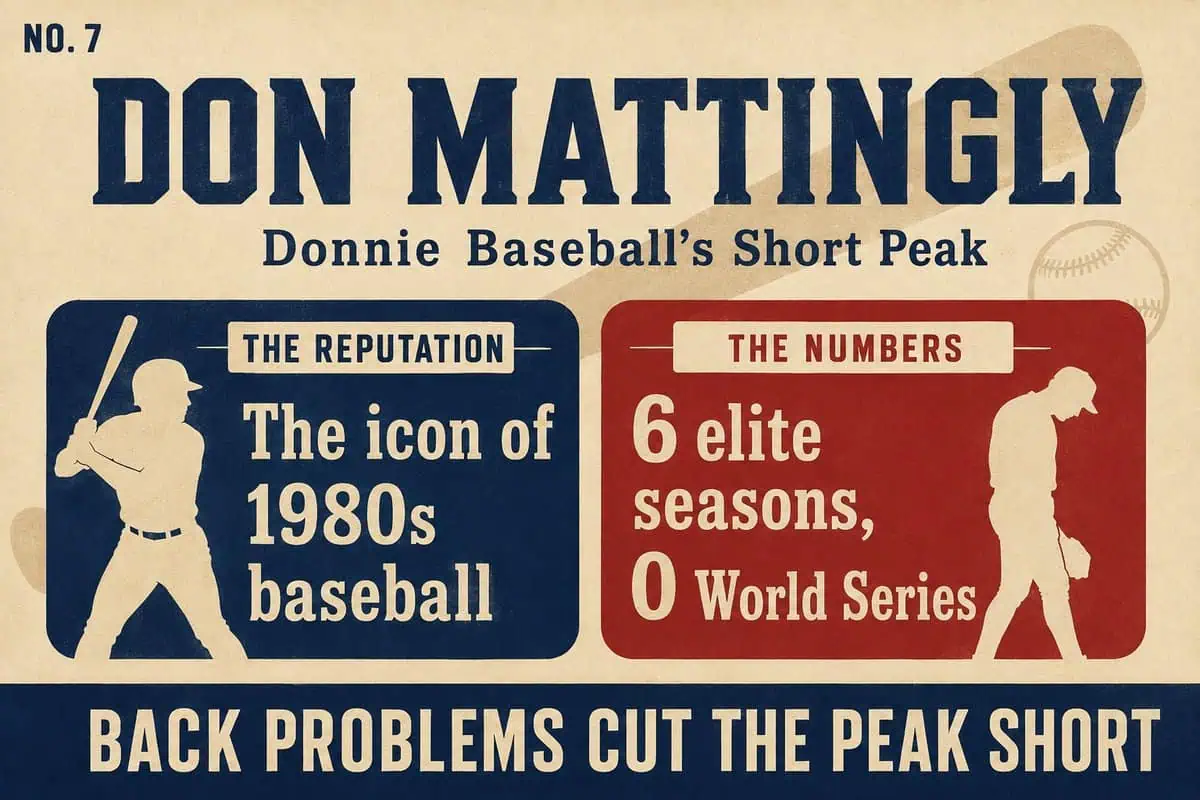 10 'Legends' Whose Reputations Wildly Outran Their Stats 9 Infographic contrasting Don Mattingly's 1980s icon status with his six elite seasons and zero World Series appearances.