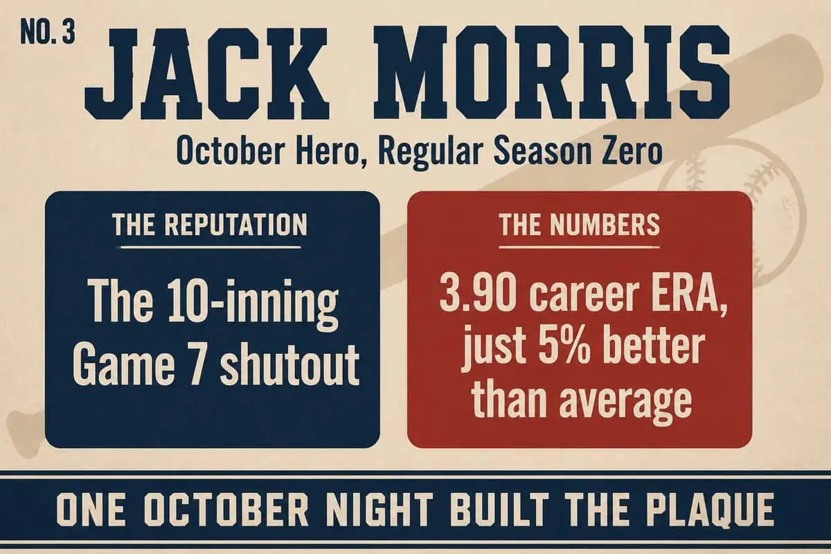 10 'Legends' Whose Reputations Wildly Outran Their Stats 17 Infographic contrasting Jack Morris's 10-inning Game 7 shutout with his 3.90 career ERA, just 5% better than league average.
