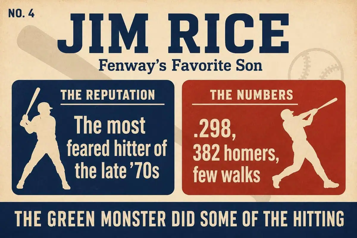 10 'Legends' Whose Reputations Wildly Outran Their Stats 15 Infographic contrasting Jim Rice's feared-hitter reputation with his .298 average, 382 homers and low walk totals.