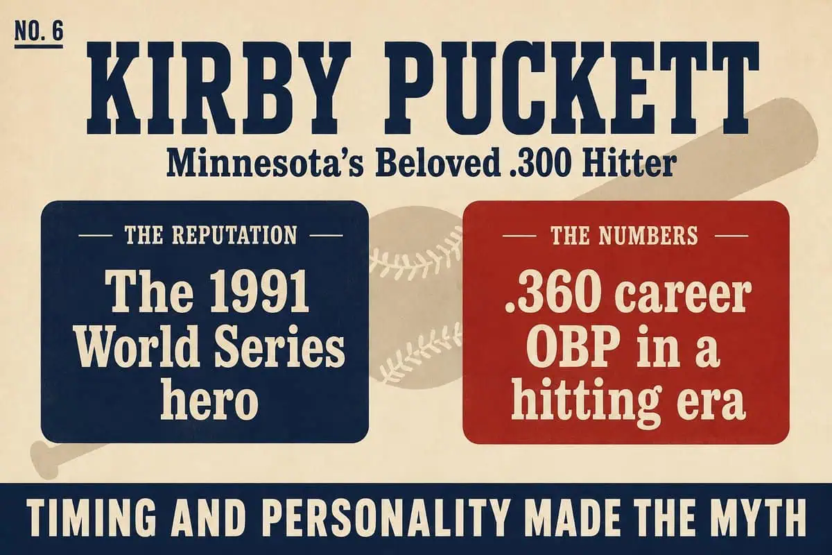 10 'Legends' Whose Reputations Wildly Outran Their Stats 11 Infographic contrasting Kirby Puckett's 1991 World Series heroics with his .360 career on-base percentage in a hitting era.