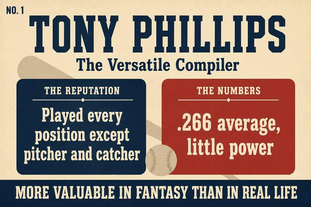 10 'Legends' Whose Reputations Wildly Outran Their Stats 21 Infographic contrasting Tony Phillips's positional versatility with his .266 average and limited power.