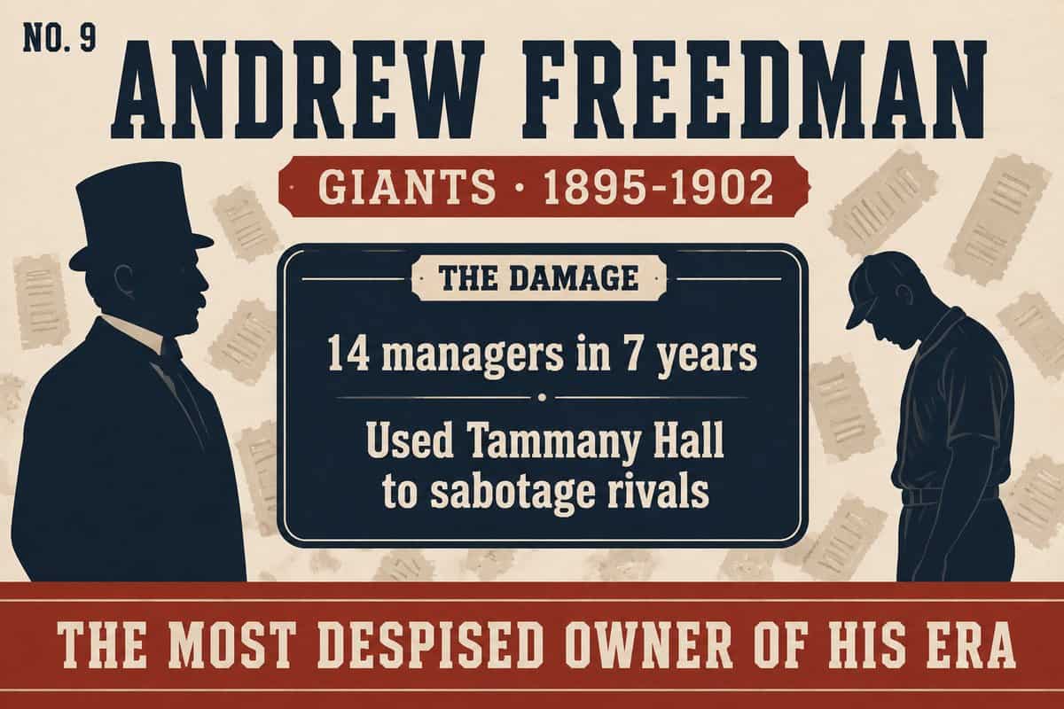 Infographic on Giants owner Andrew Freedman, who burned through 14 managers in 7 years and used Tammany Hall connections to sabotage rivals.