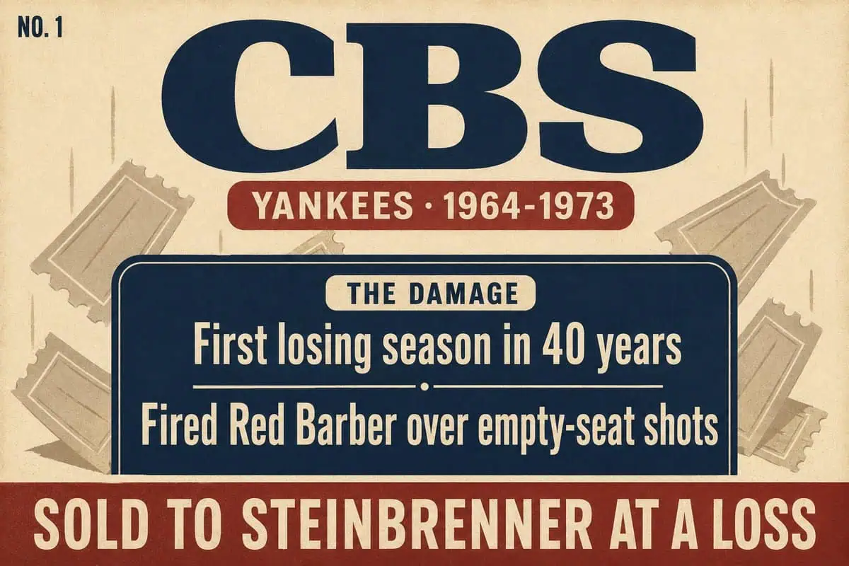 Infographic on CBS's ownership of the Yankees: the first losing season in 40 years, firing Red Barber, and a sale to Steinbrenner at a loss.