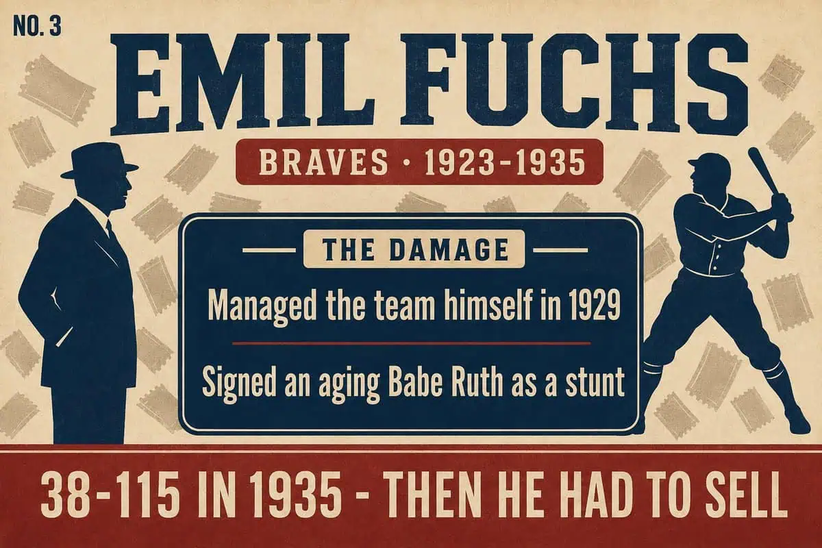 Infographic on Braves owner Emil Fuchs, who managed the team himself in 1929 and signed an aging Babe Ruth as a stunt before the 38-115 season forced a sale.