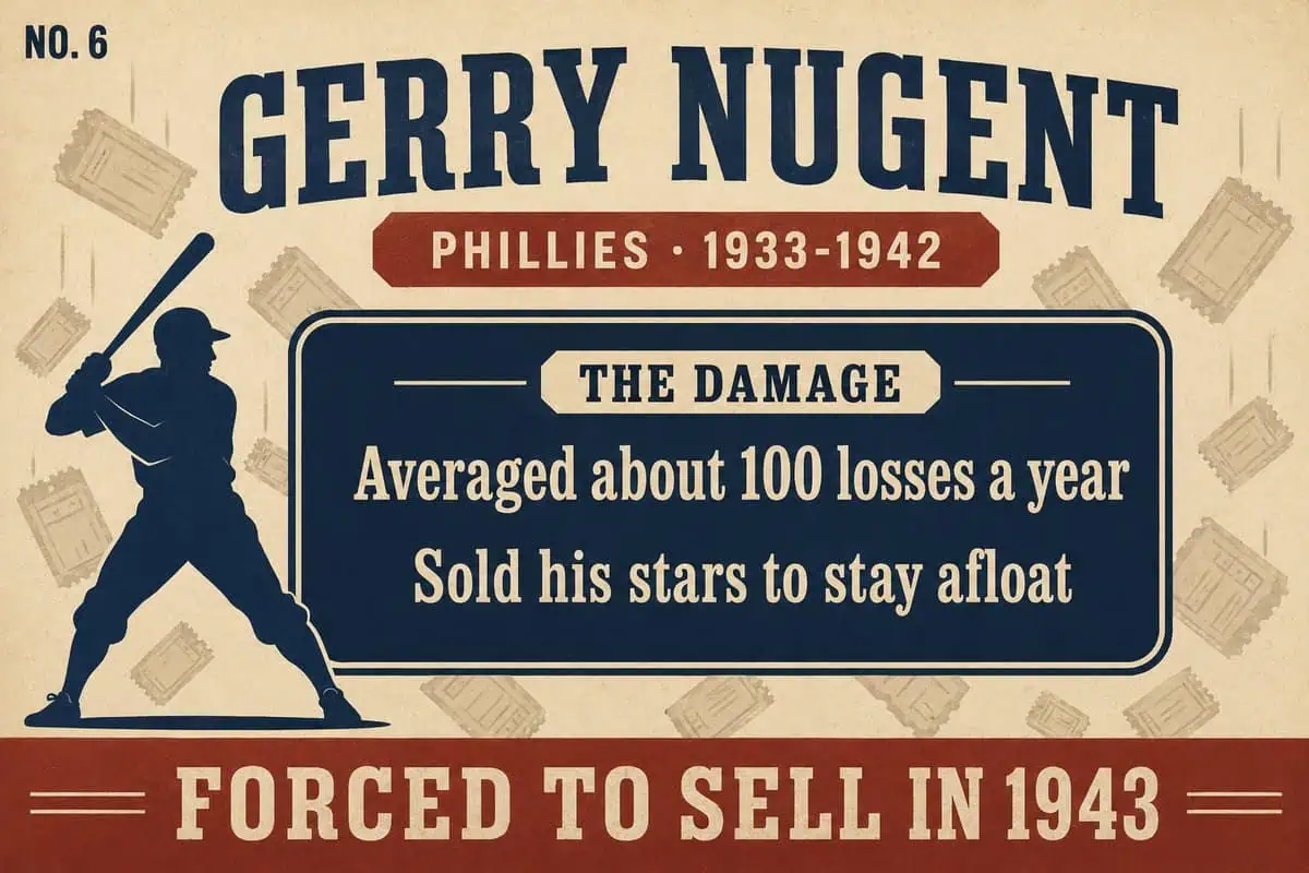 Infographic on Phillies owner Gerry Nugent, whose teams averaged roughly 100 losses a year while he sold stars to stay afloat until forced to sell in 1943.