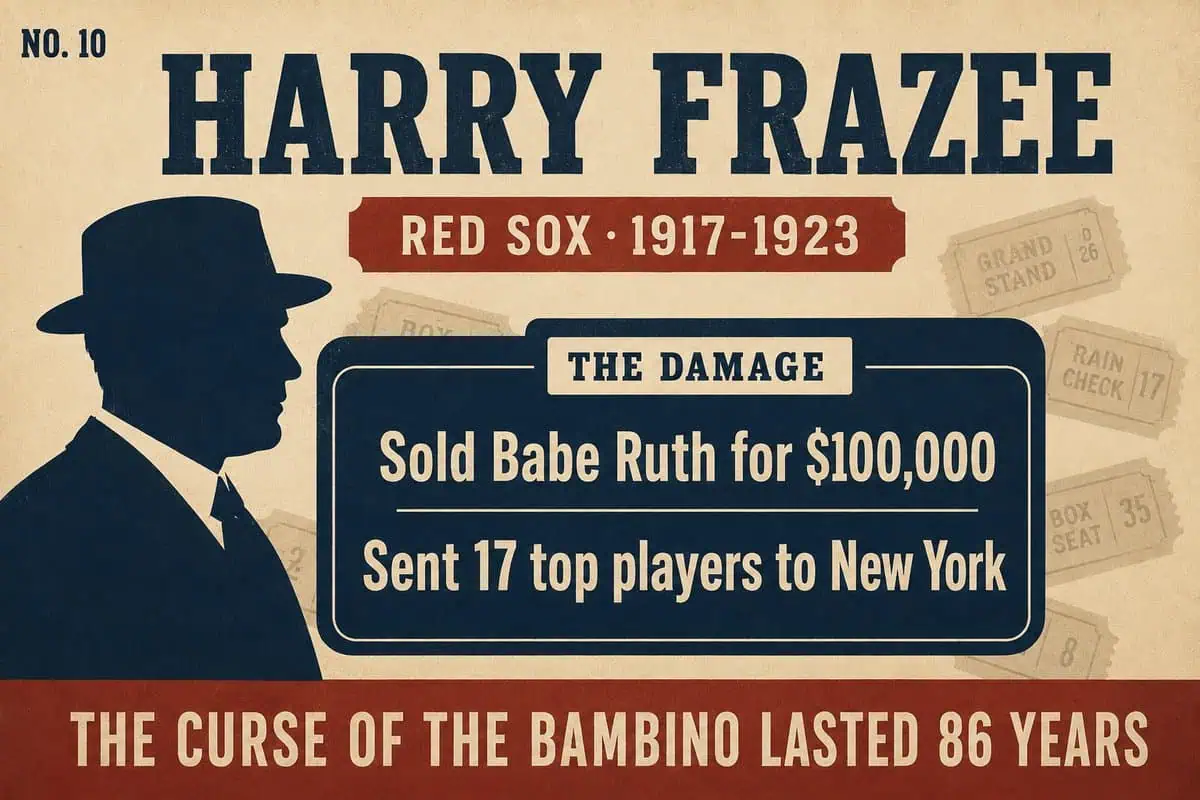 Infographic on Red Sox owner Harry Frazee, who sold Babe Ruth for $100,000 and sent 17 top players to New York, starting the 86-year Curse of the Bambino.
