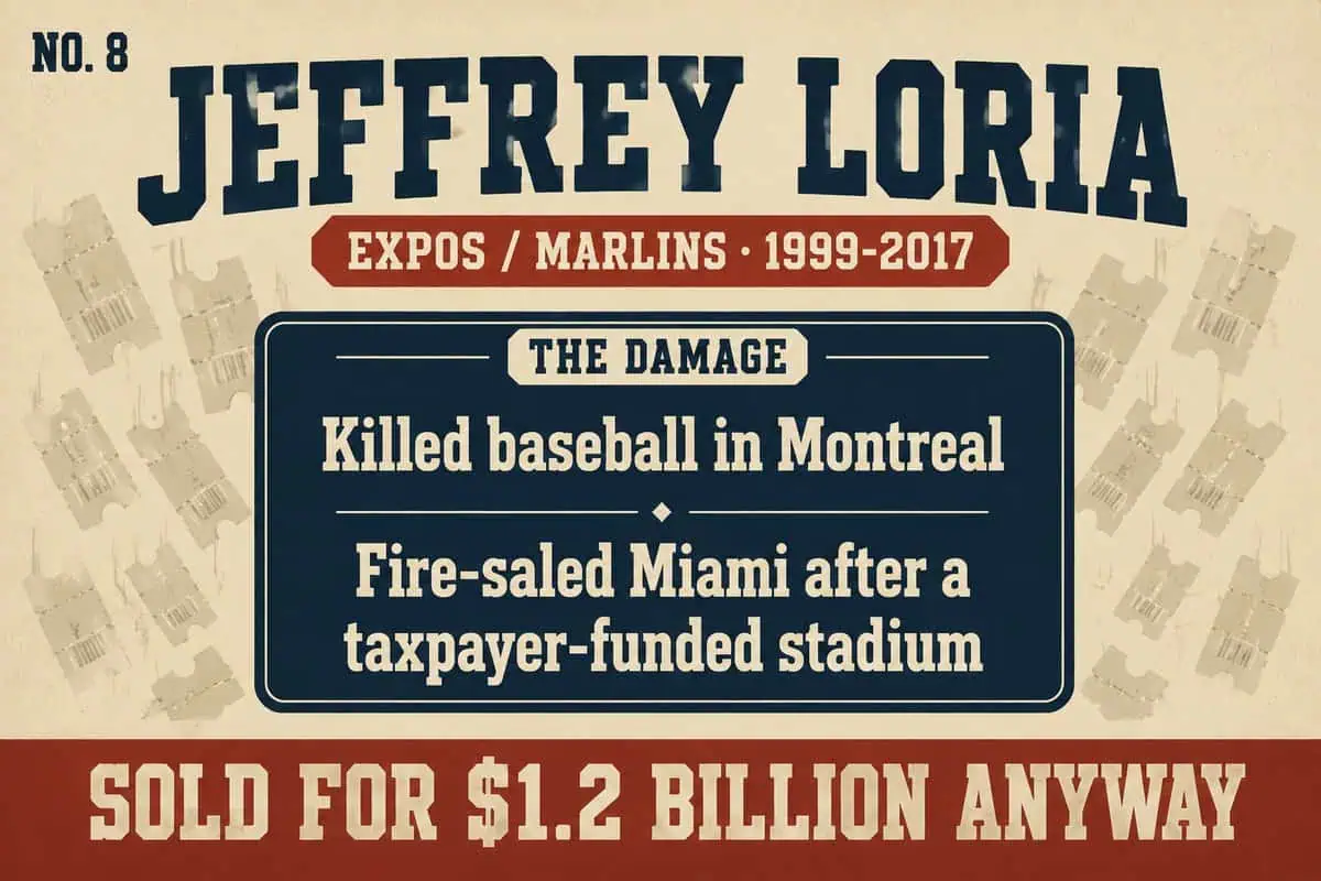Infographic on Jeffrey Loria, who killed baseball in Montreal and fire-saled Miami after a taxpayer-funded stadium, then sold for $1.2 billion.