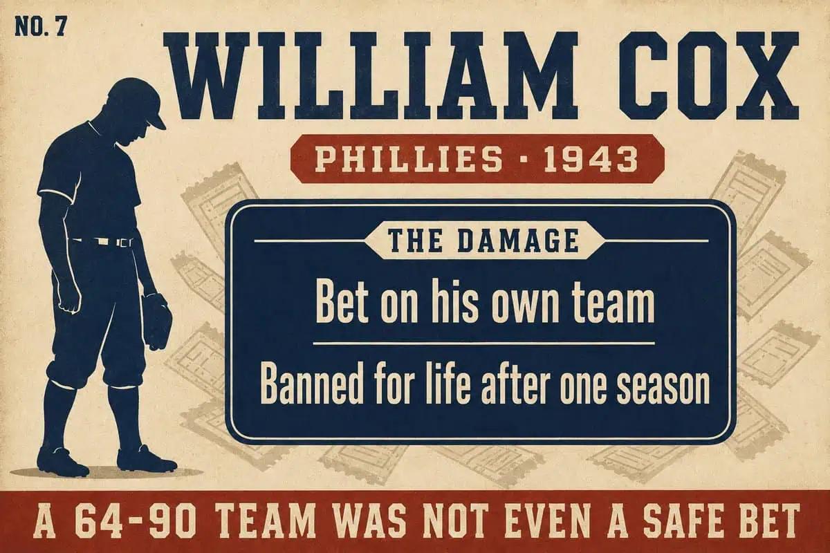 Infographic on Phillies owner William Cox, banned from baseball for life after one season for betting on his own team.