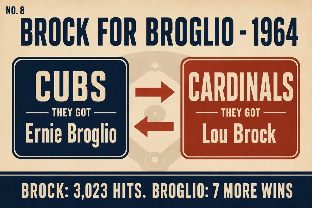 Infographic of the 1964 Brock-for-Broglio trade: Lou Brock reached 3,023 hits for the Cardinals while Ernie Broglio won just 7 more games.