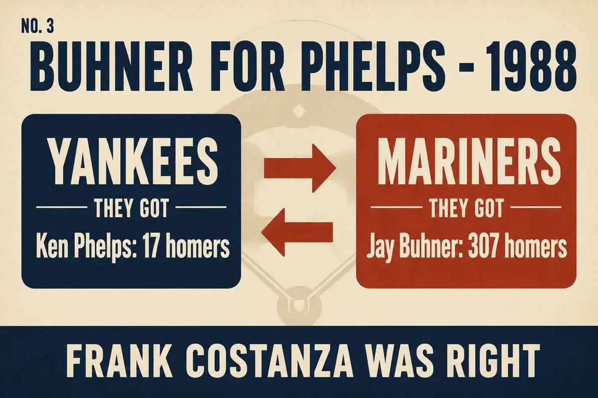 Infographic of the 1988 Buhner-for-Phelps trade: Ken Phelps hit 17 homers for the Yankees while Jay Buhner hit 307 for Seattle.