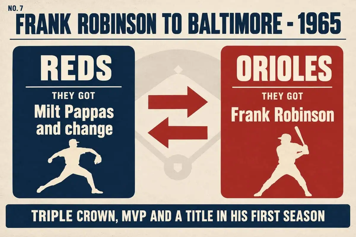 Infographic of the 1965 Frank Robinson trade: the Reds got Milt Pappas, the Orioles got Robinson, who won the Triple Crown, MVP and a title in his first season.
