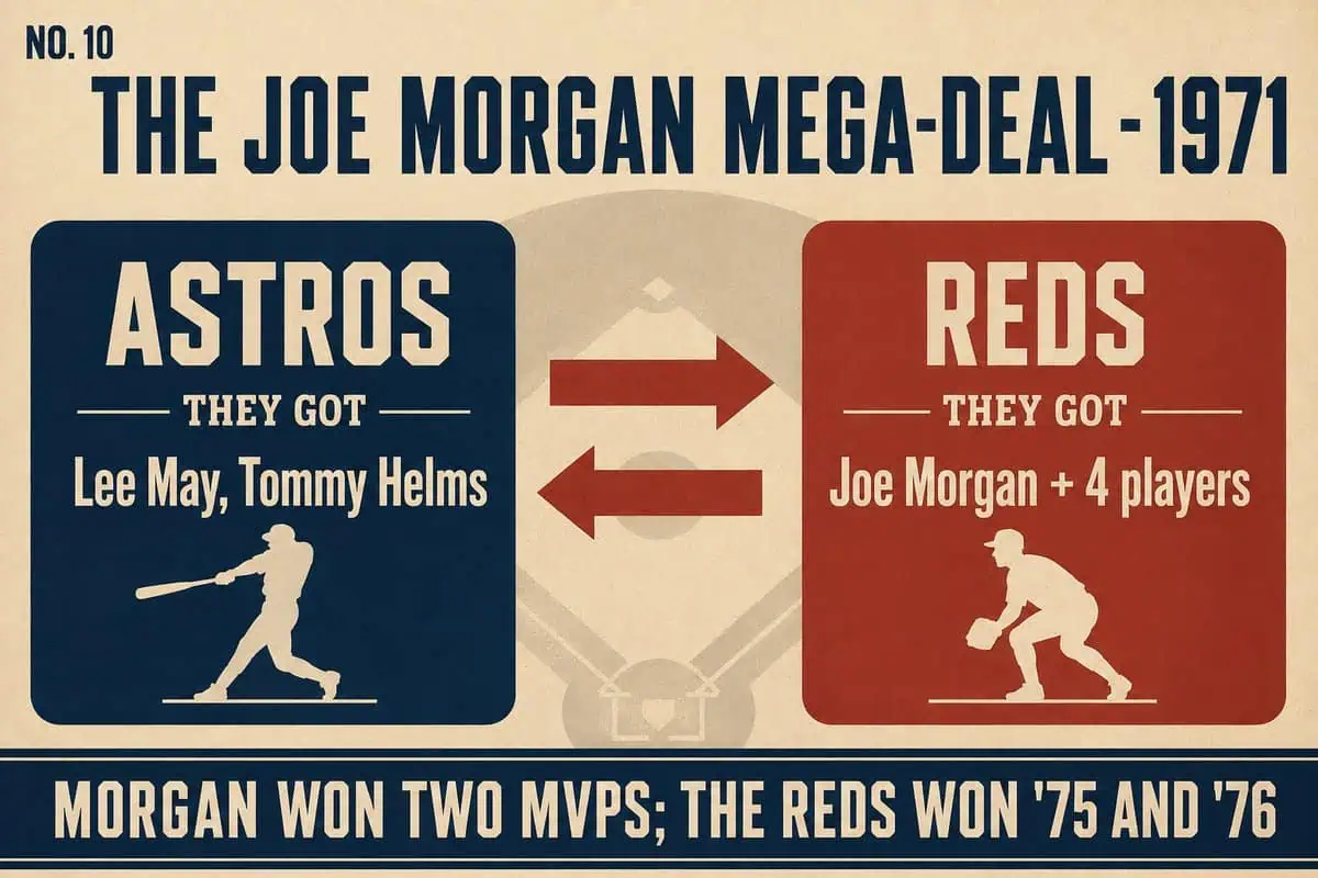 Infographic of the 1971 Joe Morgan trade: the Astros got Lee May and Tommy Helms, the Reds got Joe Morgan plus four players and won the 1975 and 1976 World Series.