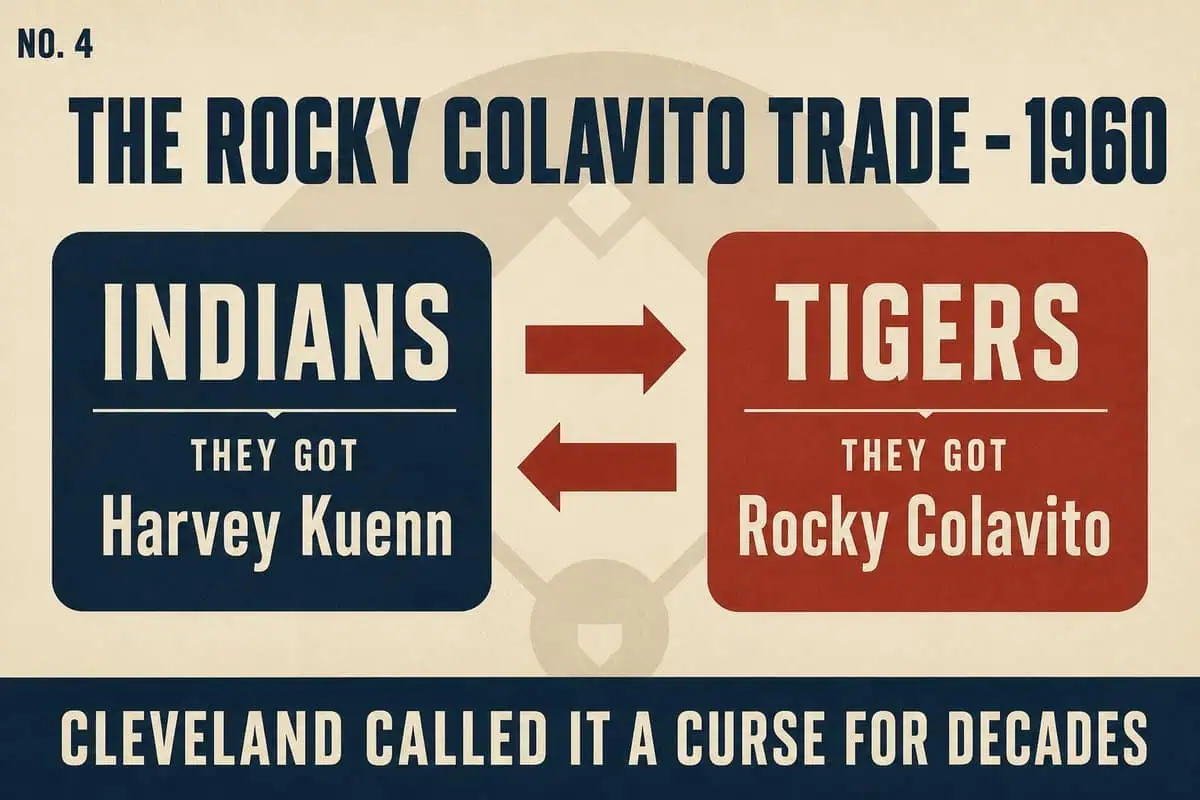 Infographic of the 1960 Rocky Colavito trade: Cleveland got Harvey Kuenn, Detroit got Colavito, and Cleveland called it a curse for decades.