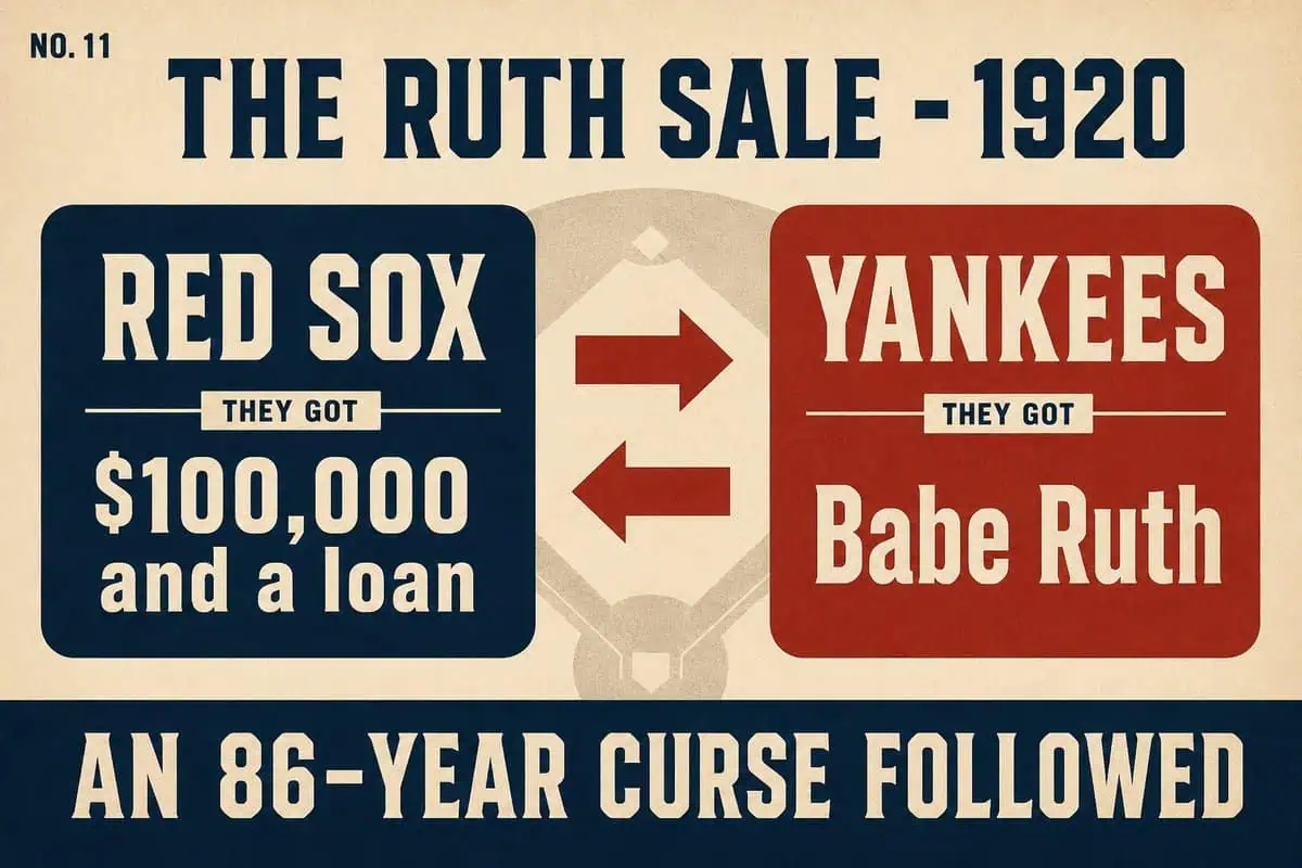 Infographic of the 1920 Ruth sale: the Red Sox got $100,000 and a loan, the Yankees got Babe Ruth, and an 86-year curse followed.