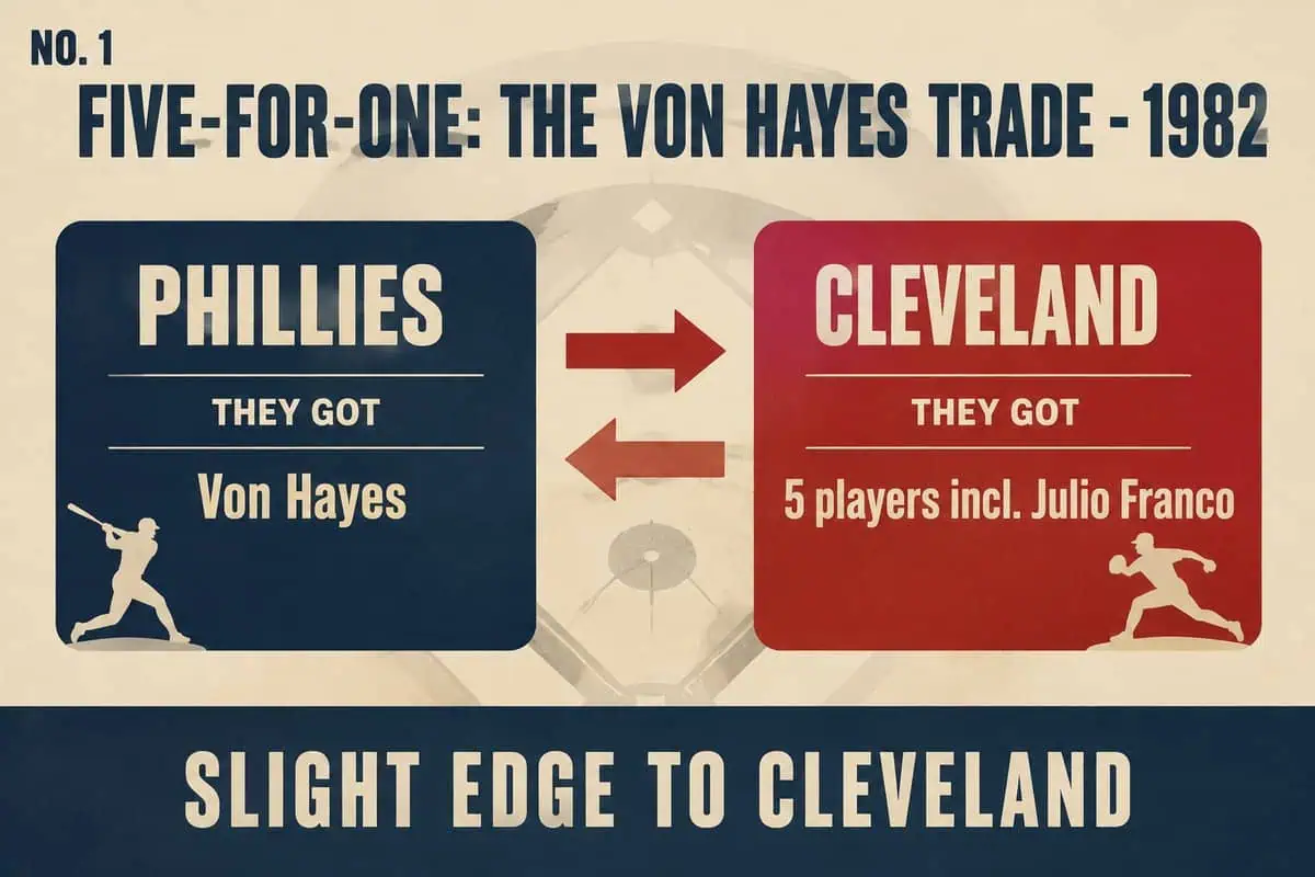 Infographic of the 1982 five-for-one Von Hayes trade: the Phillies got Hayes, Cleveland got five players including Julio Franco.