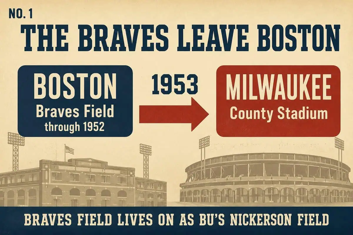 10 MLB Relocations That Left Cities Betrayed 21 Infographic showing the Braves' 1953 move from Boston's Braves Field to Milwaukee County Stadium; Braves Field lives on as Boston University's Nickerson Field.
