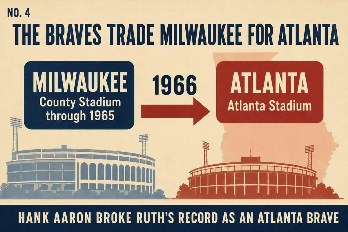 10 MLB Relocations That Left Cities Betrayed 15 Infographic showing the Braves' 1966 move from Milwaukee County Stadium to Atlanta Stadium; Hank Aaron broke Babe Ruth's record as an Atlanta Brave.