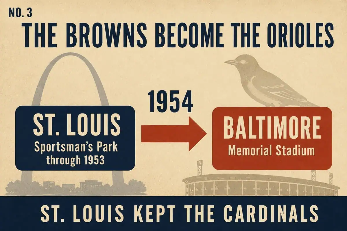 10 MLB Relocations That Left Cities Betrayed 17 Infographic showing the St. Louis Browns' 1954 move to Baltimore's Memorial Stadium to become the Orioles.