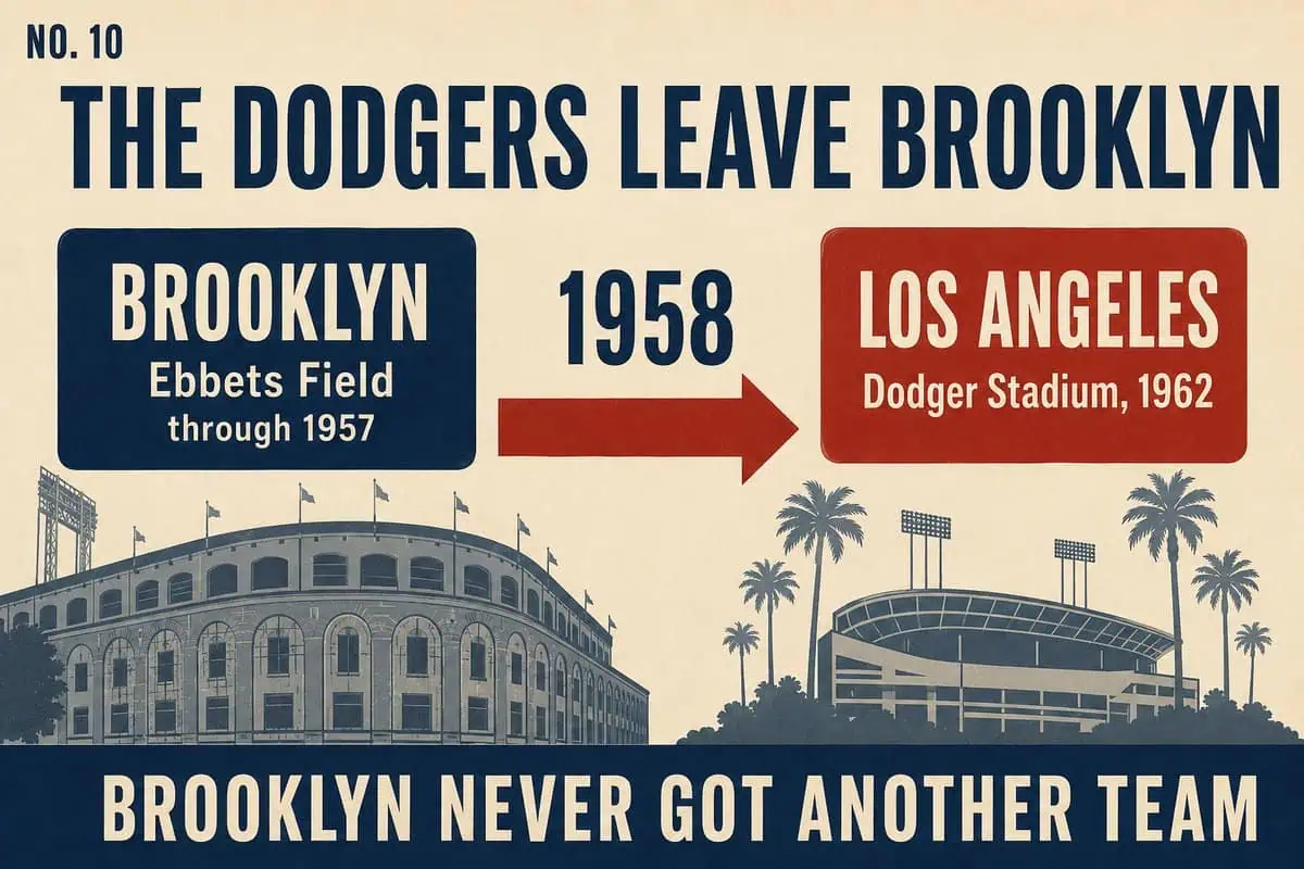 10 MLB Relocations That Left Cities Betrayed 3 Infographic showing the Dodgers' move from Brooklyn's Ebbets Field to Los Angeles in 1958; Dodger Stadium opened in 1962 and Brooklyn never got another team.