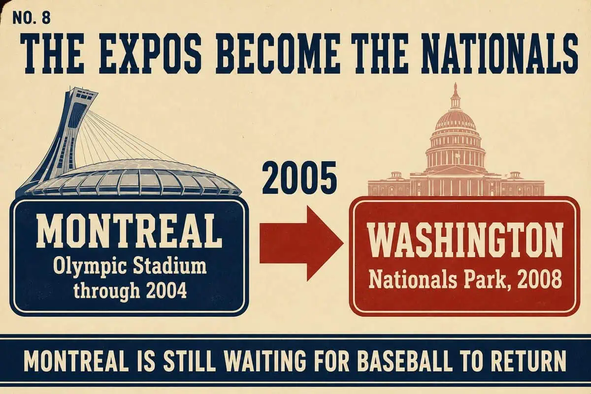 10 MLB Relocations That Left Cities Betrayed 7 Infographic showing the Expos' 2005 move from Montreal's Olympic Stadium to Washington, where Nationals Park opened in 2008; Montreal is still waiting for baseball to return.
