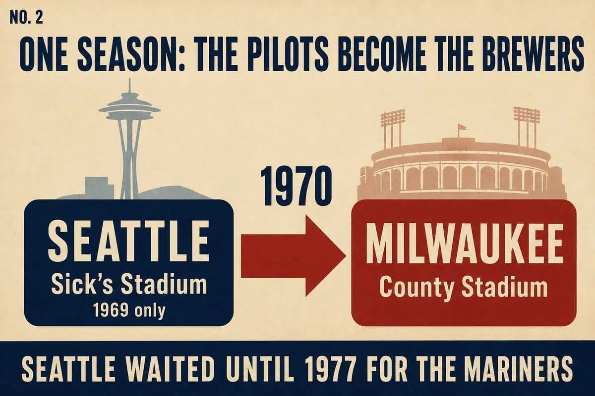 10 MLB Relocations That Left Cities Betrayed 19 Infographic showing the Seattle Pilots' single 1969 season at Sick's Stadium before becoming the Milwaukee Brewers in 1970; Seattle waited until 1977 for the Mariners.