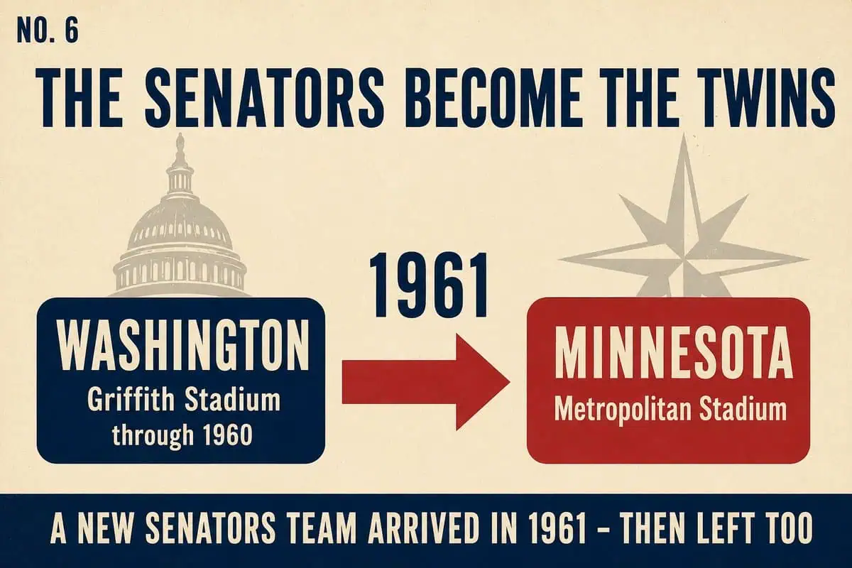 10 MLB Relocations That Left Cities Betrayed 11 Infographic showing the original Senators leaving Washington's Griffith Stadium in 1961 to become the Minnesota Twins.