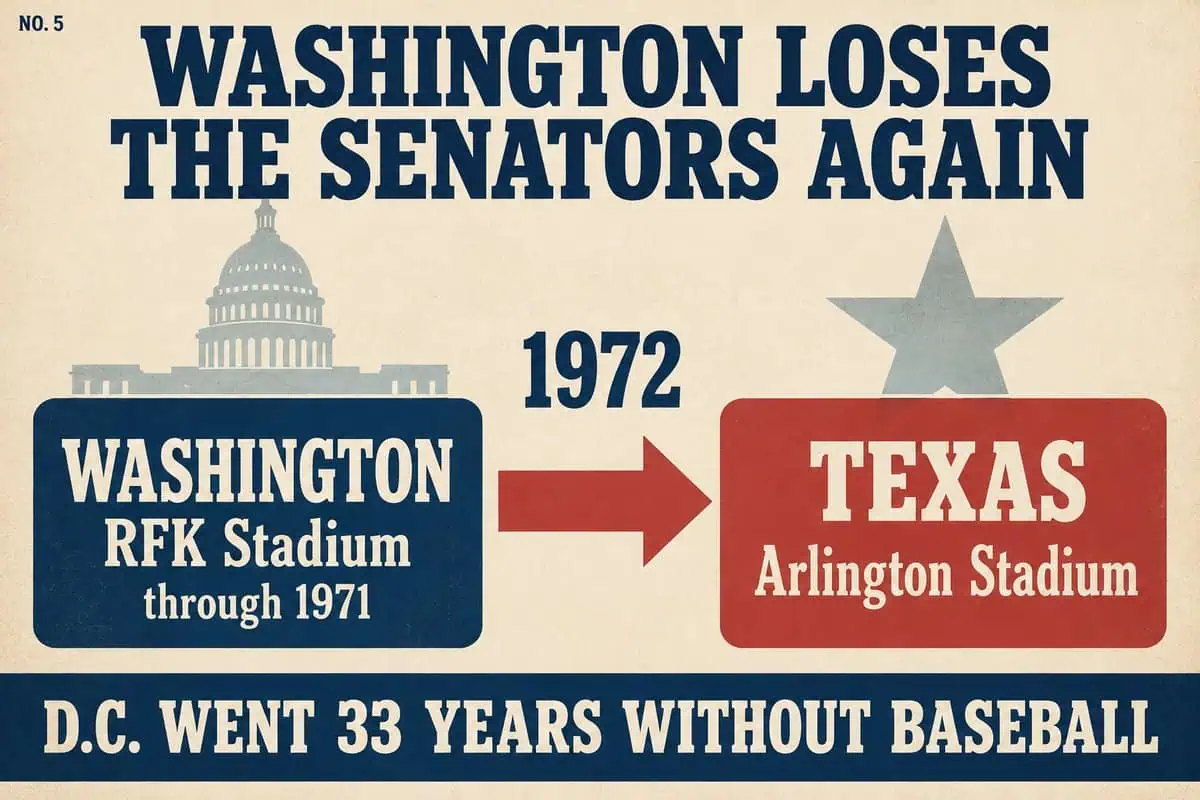 10 MLB Relocations That Left Cities Betrayed 13 Infographic showing the second Senators leaving Washington's RFK Stadium in 1972 to become the Texas Rangers; D.C. went 33 years without baseball.